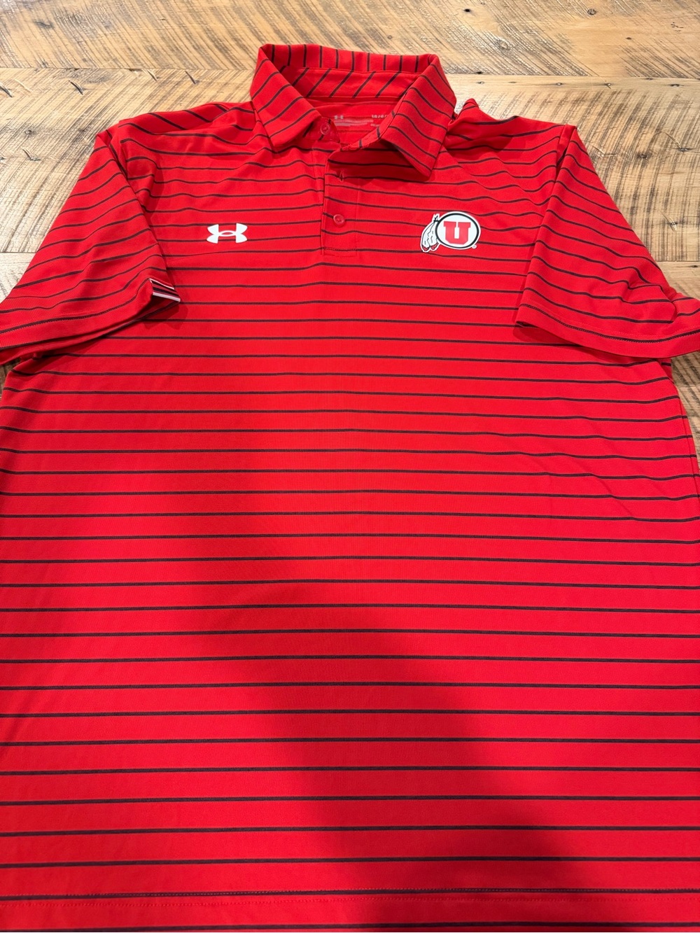 Under Armour Utah Red Polo with Navy Pinstripes